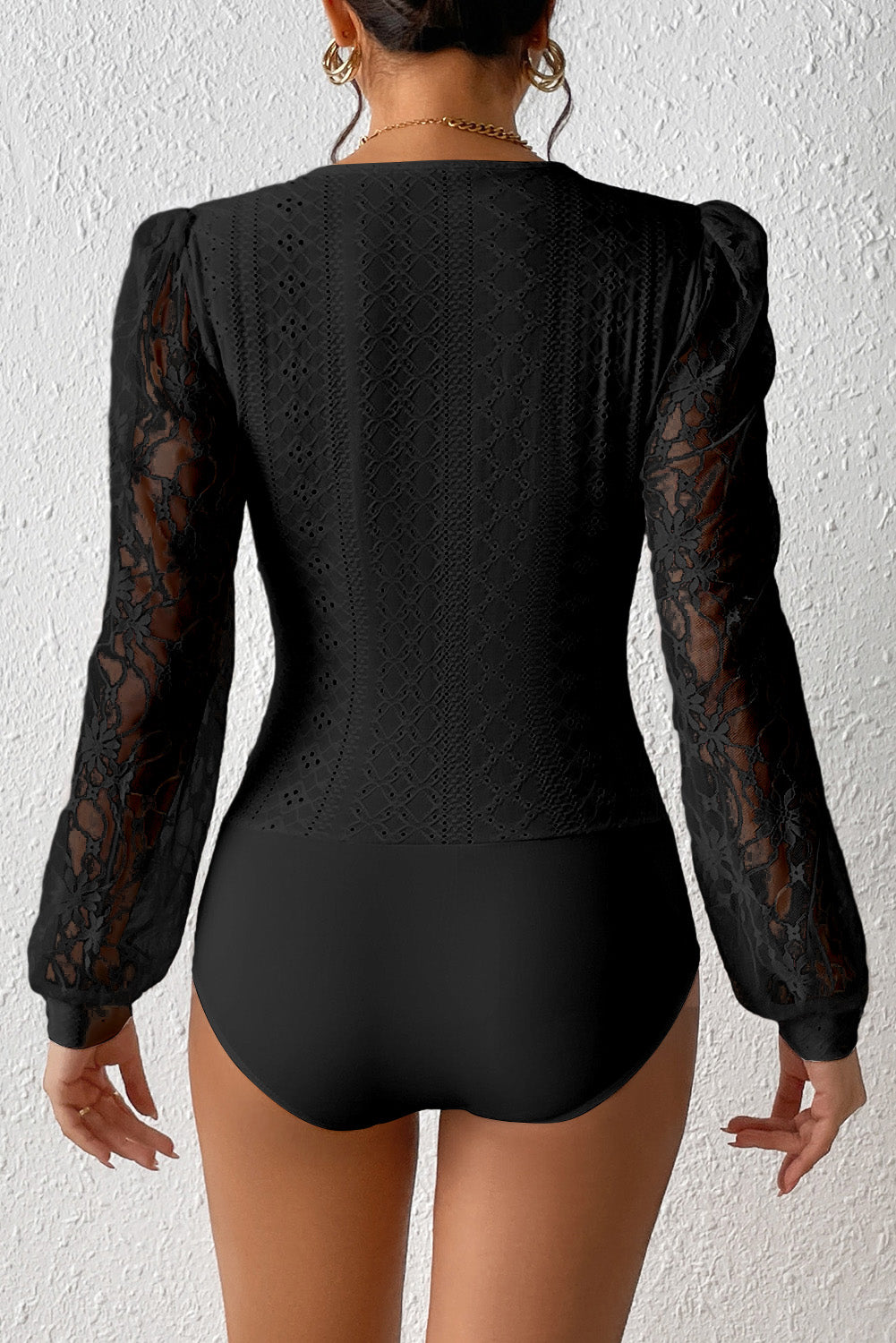 Eyelet Lace Long Sleeve Bodysuit - Semi-Sheer & Flirty