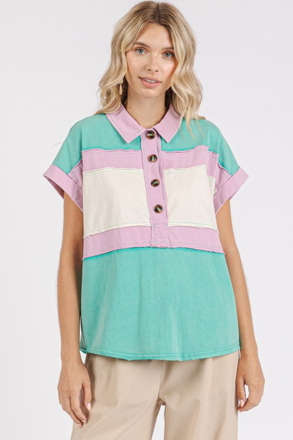 Color Block Henley Short Sleeve Polo Shirt