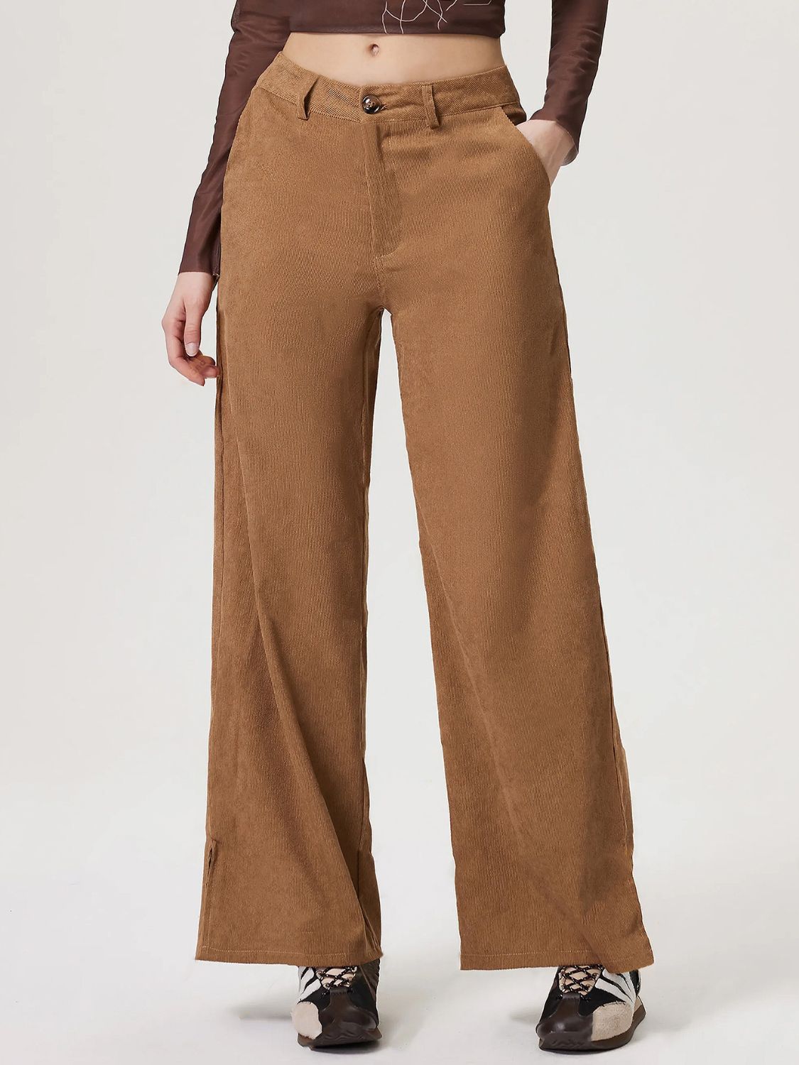 Wide Leg Pants with Pockets and Button Detail