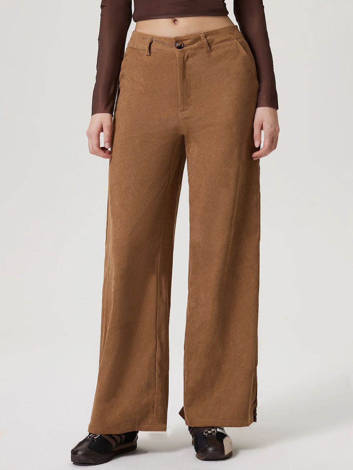 Wide Leg Pants with Pockets and Button Detail