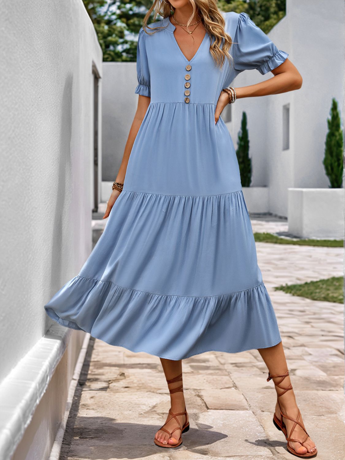 Decorative Button Notched Short Sleeve Midi Dress