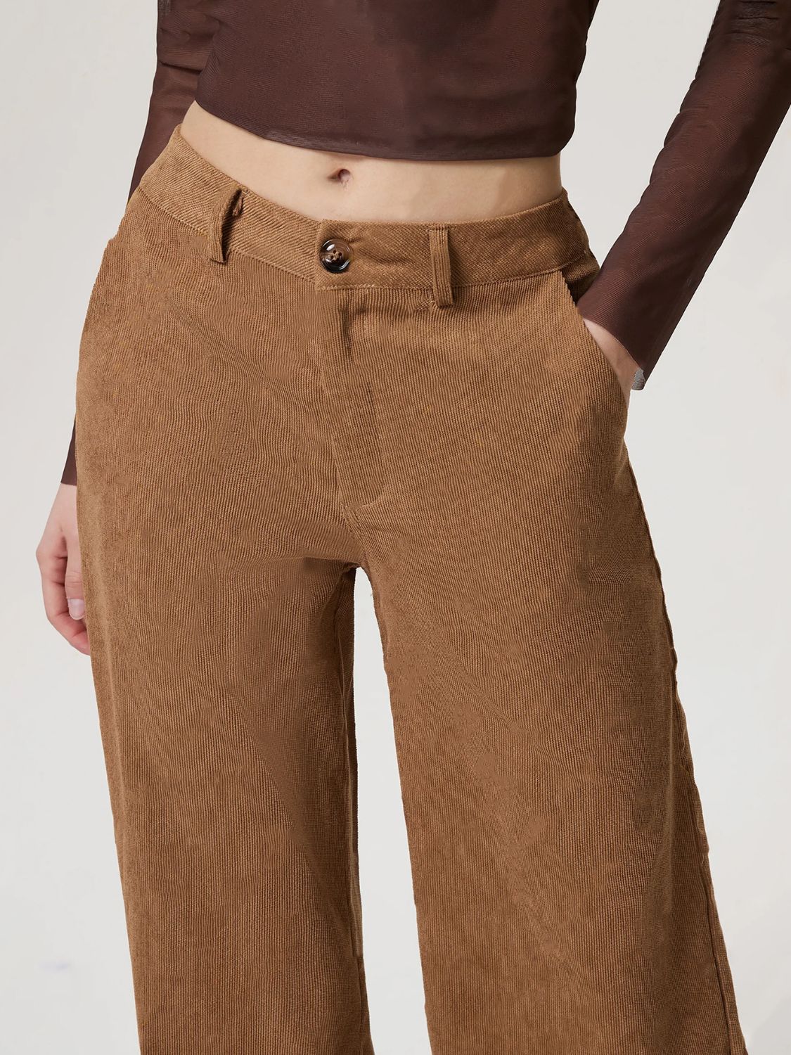 Wide Leg Pants with Pockets and Button Detail