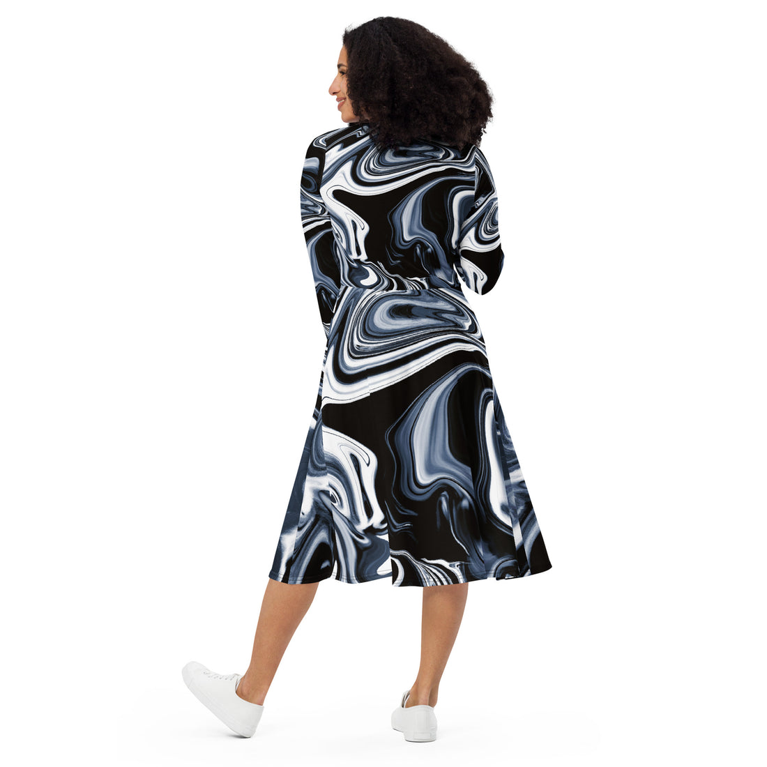 Wave Print Long Sleeve Midi Dress