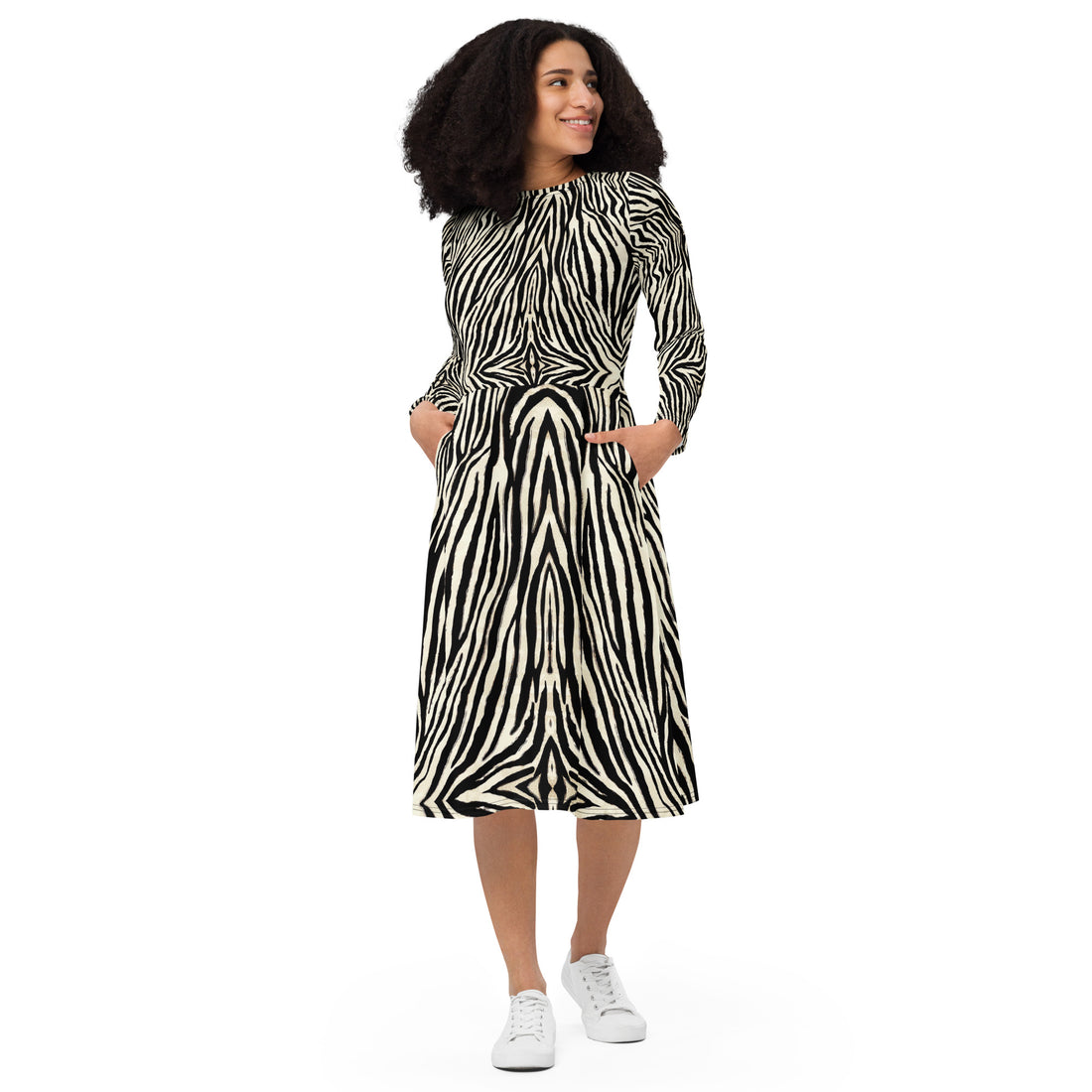 Zebra Print Long Sleeve Midi Dress