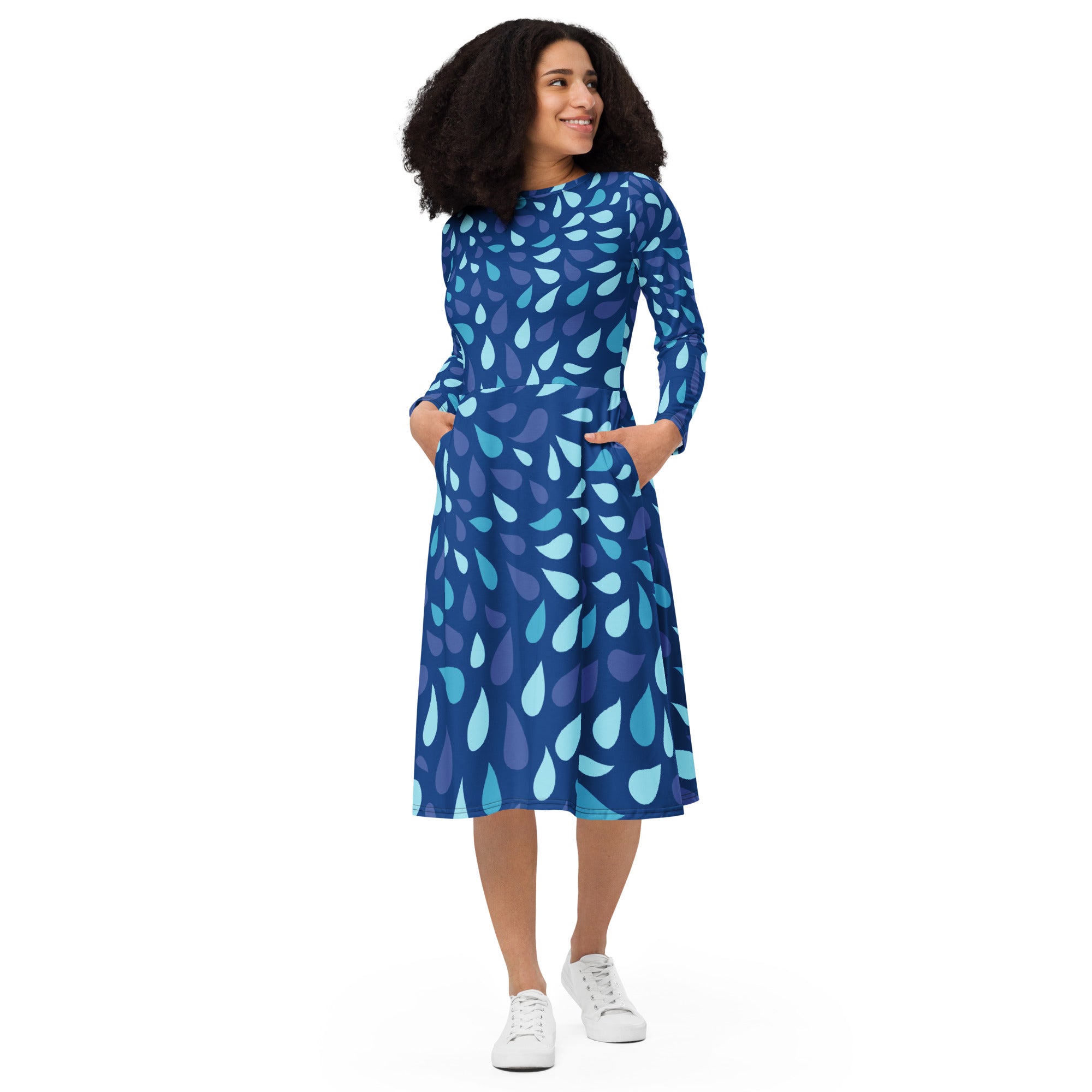 Blue Print Long Sleeve Midi Dress
