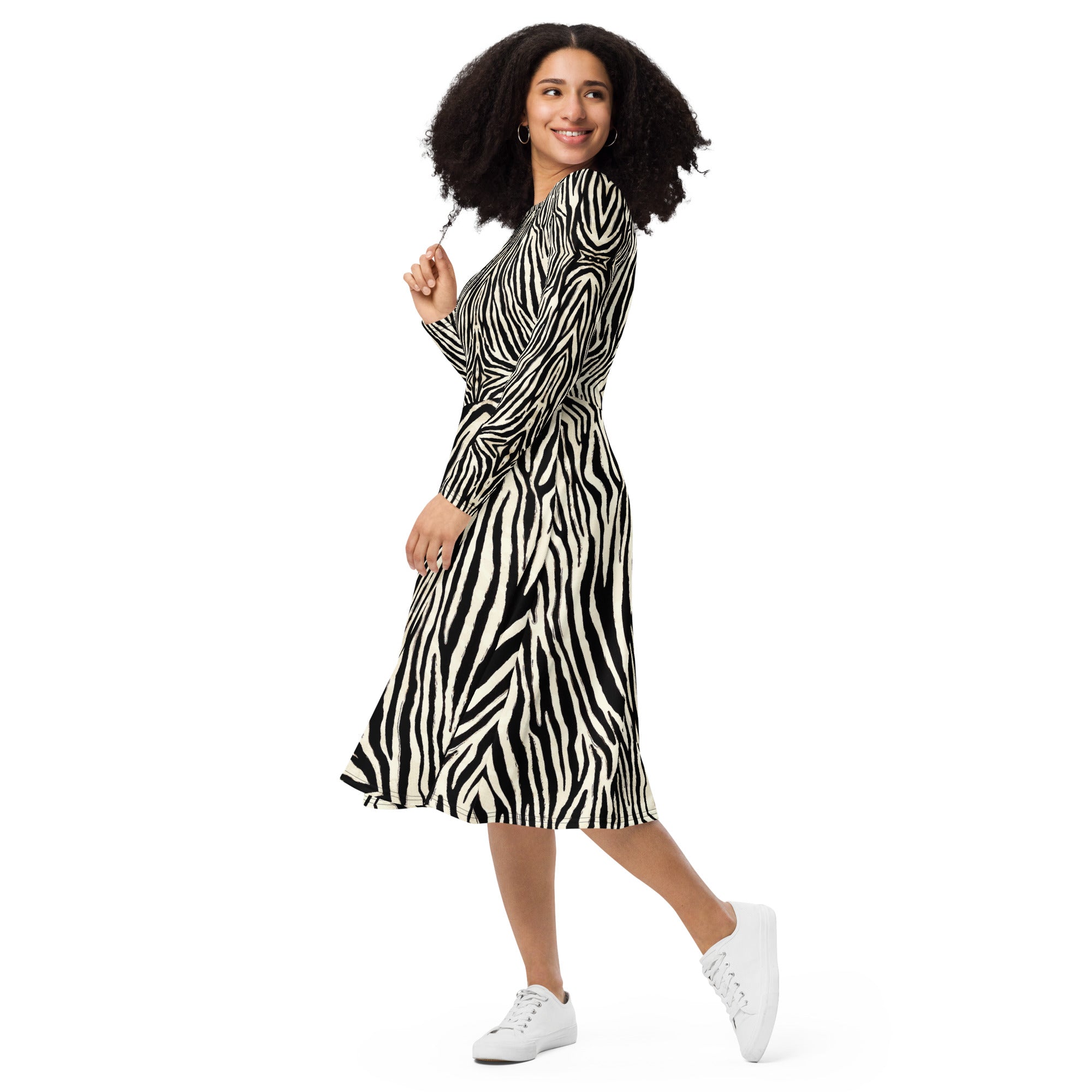 Zebra Print Long Sleeve Midi Dress