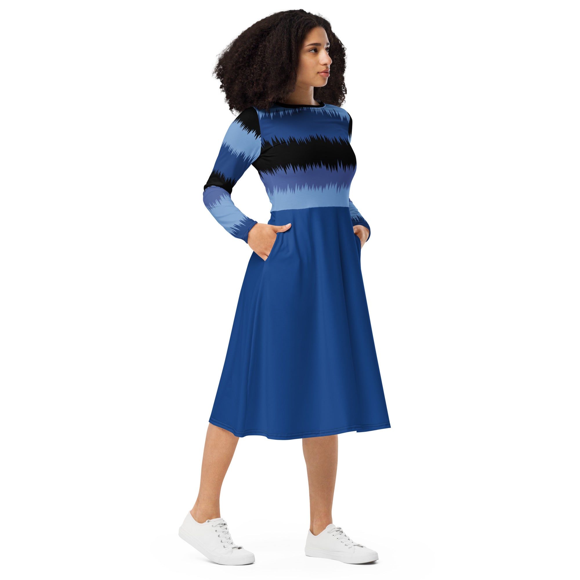 Blue Geometric Print Long Sleeve Midi Dress
