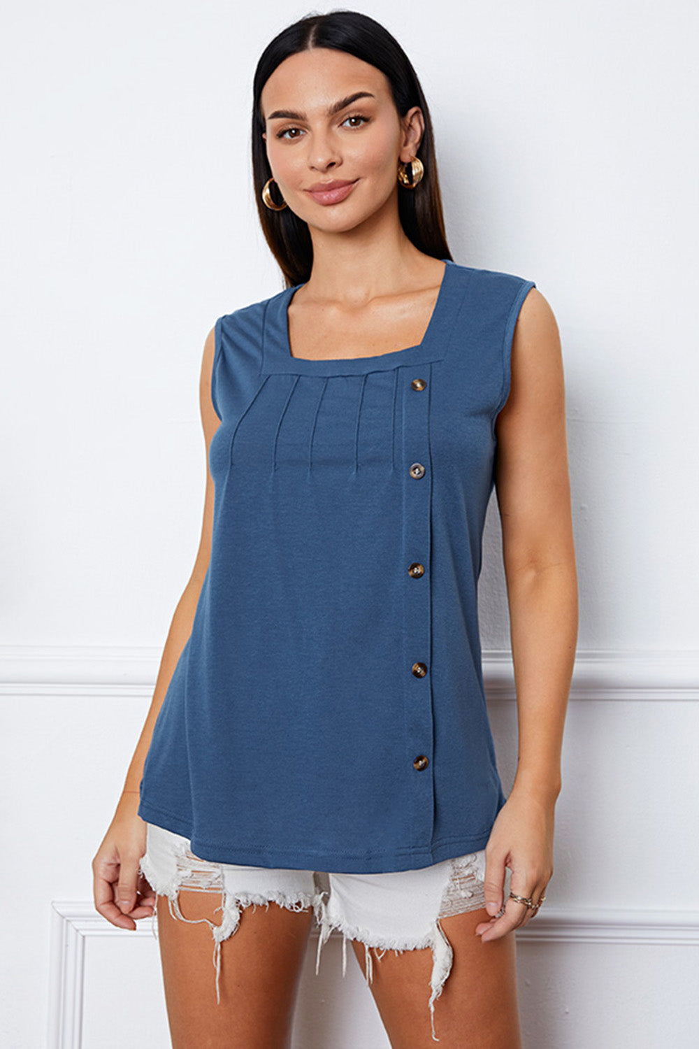 Square Neck Decorative Button Tank Main image