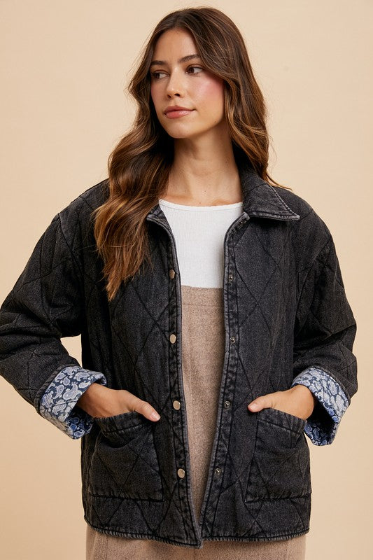 Quilted Printed Lining Snap Down Denim Jacket Main image