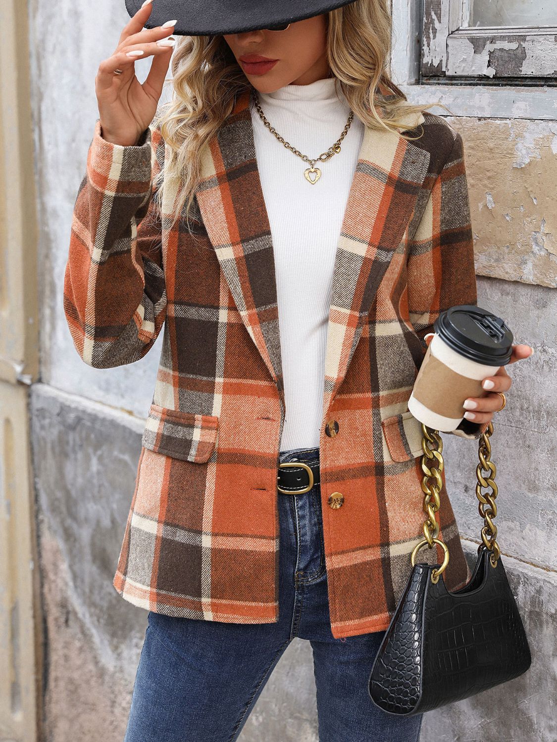 Plaid Button Down Lapel Collar Blazer Main image