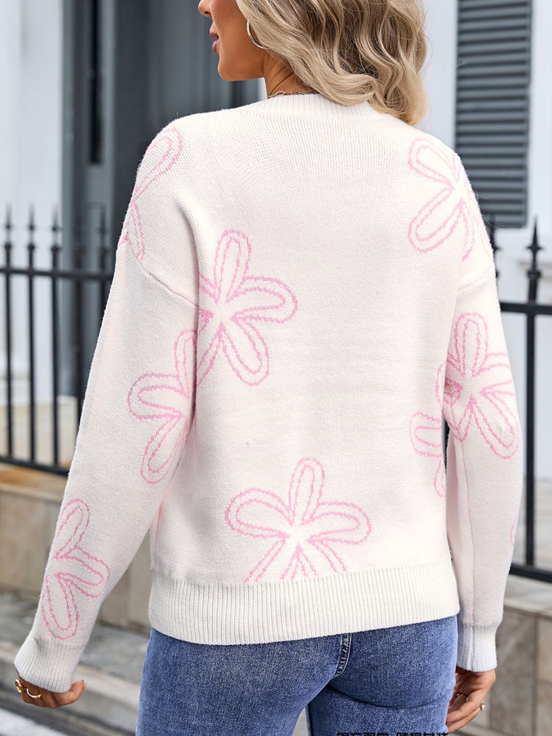 Flower Round Neck Dropped Shoulder Sweater Secondary image