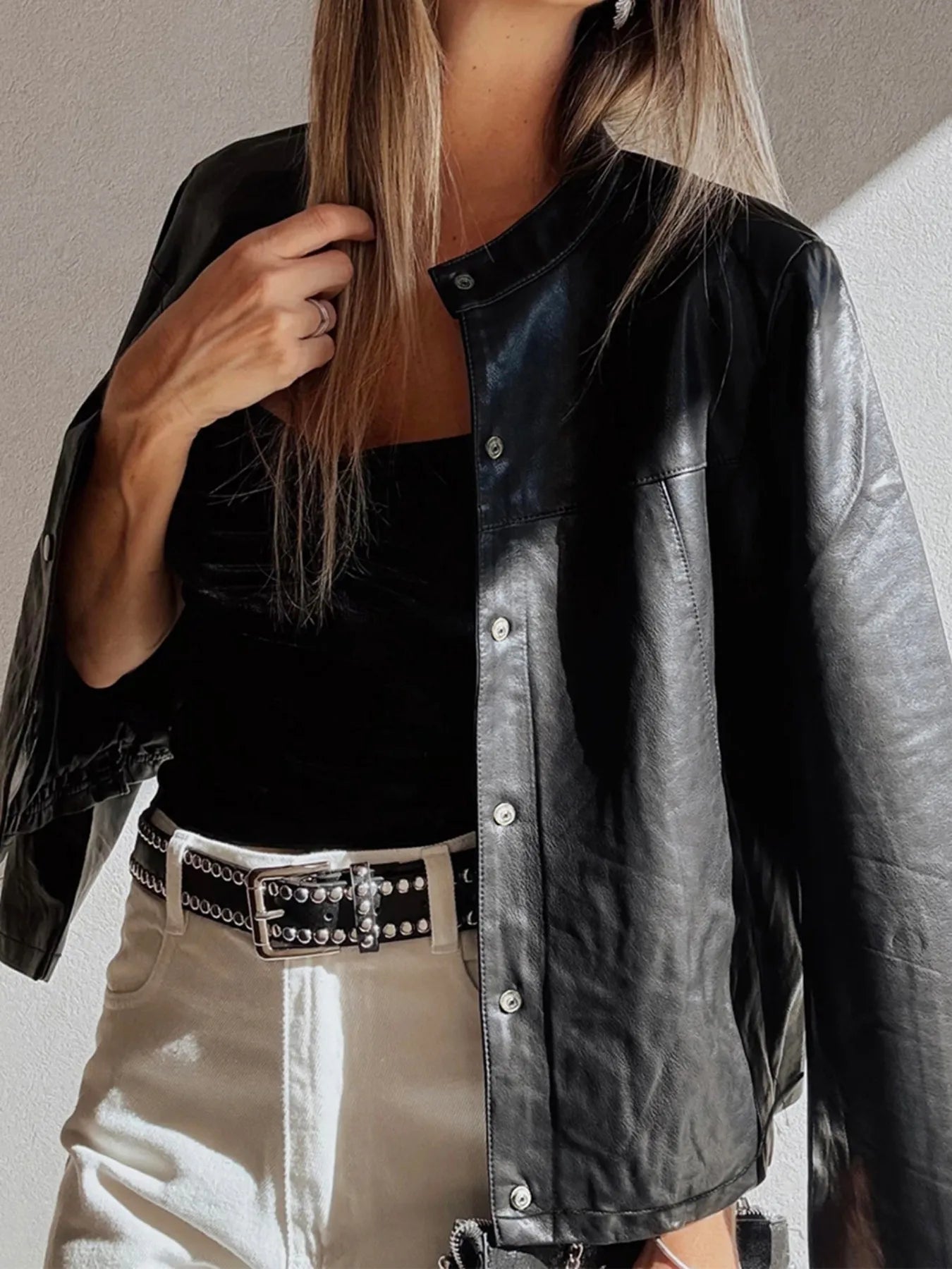 Faux Leather Buttoned Front Boxy Jacket Secondary image