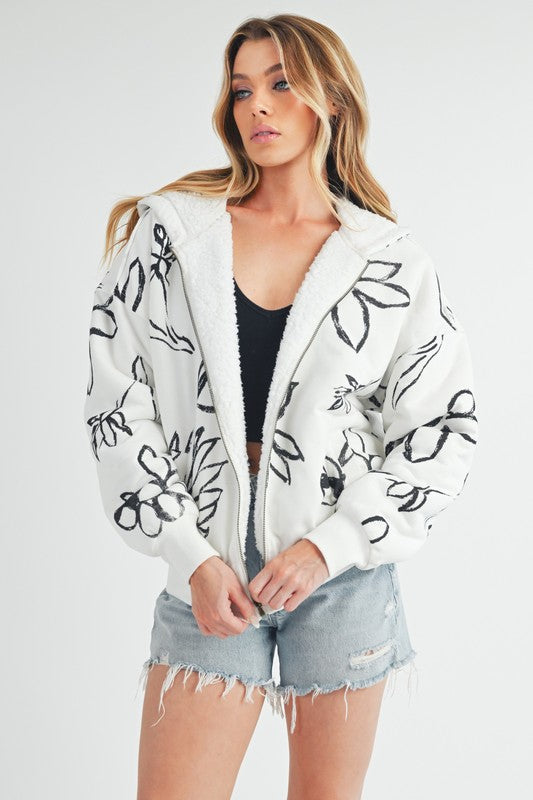 Flower Print Zip Up Sherpa Hoodie Secondary image