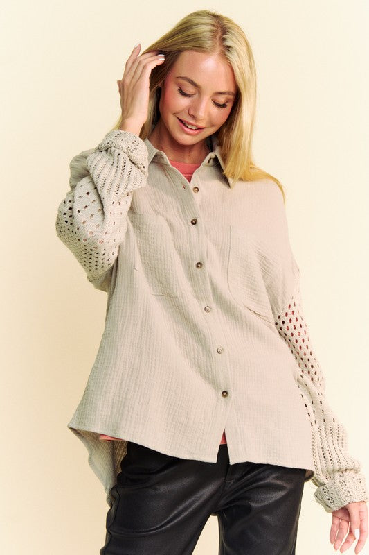 Crochet Sleeve Crinkled Texture Shirt Main image