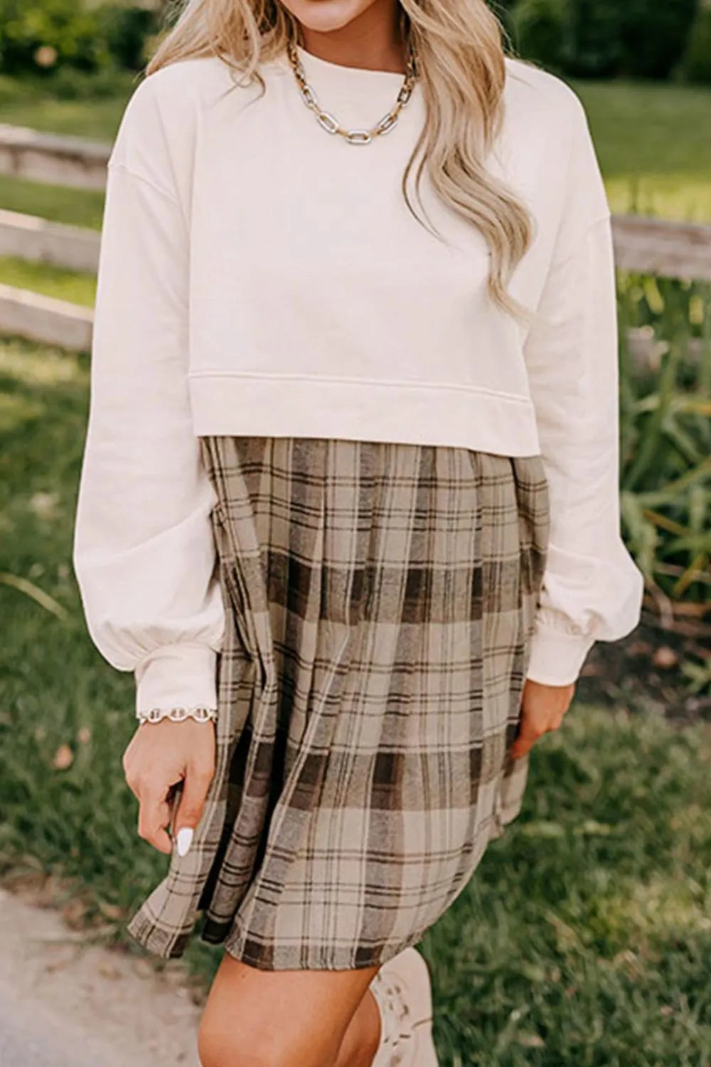 Plaid Round Neck Long Sleeve Mini Dress Secondary image