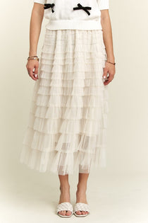 Elastic Waist Layered Mesh Midi Skirt