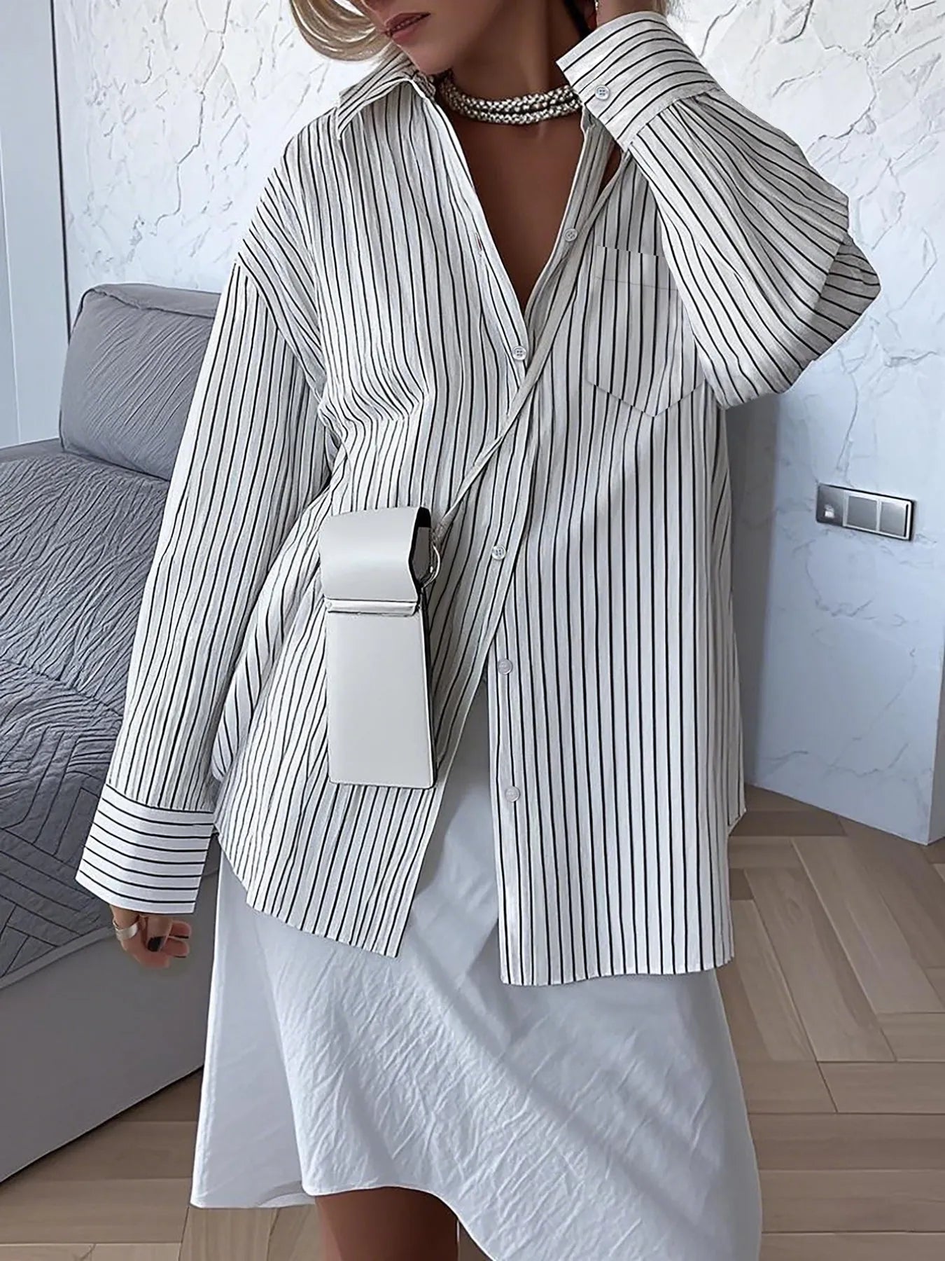 Oversized Striped Button-Down Shirt Secondary image