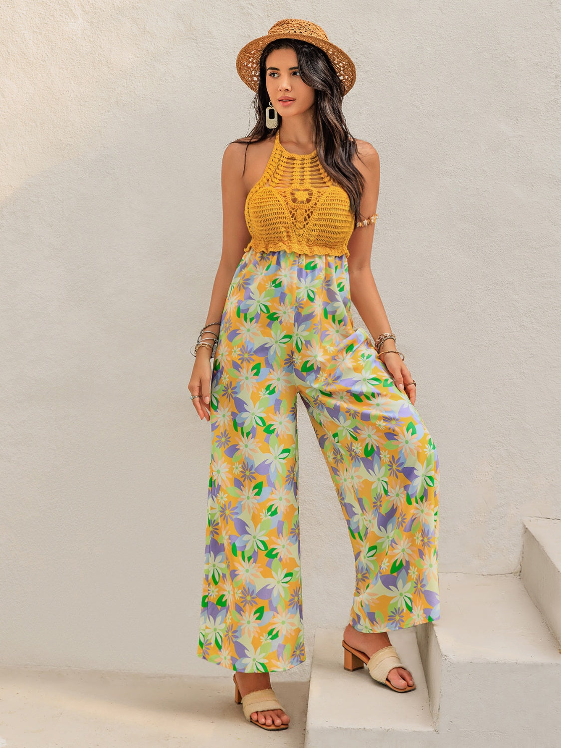 Openwork Halter Neck Floral Wide Leg Jumpsuit Secondary image