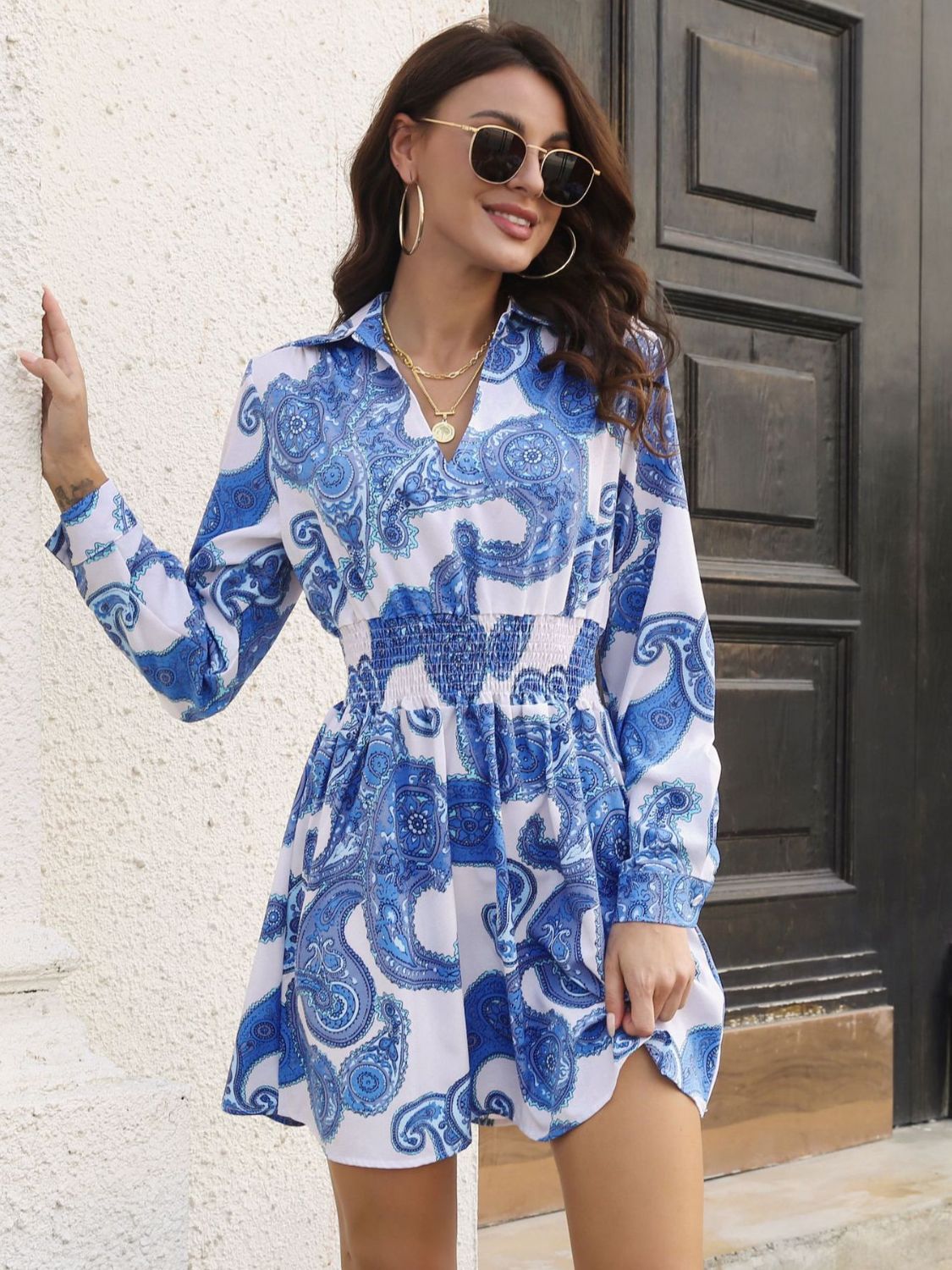Paisley Print Johnny Collar Smocked Dress Main image