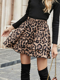 Leopard Print Skirt with Ruffle Hem & Elastic Waist