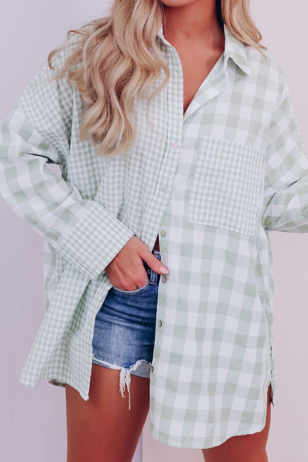 Pocketed Plaid Collared Neck Long Sleeve Shirt Main image
