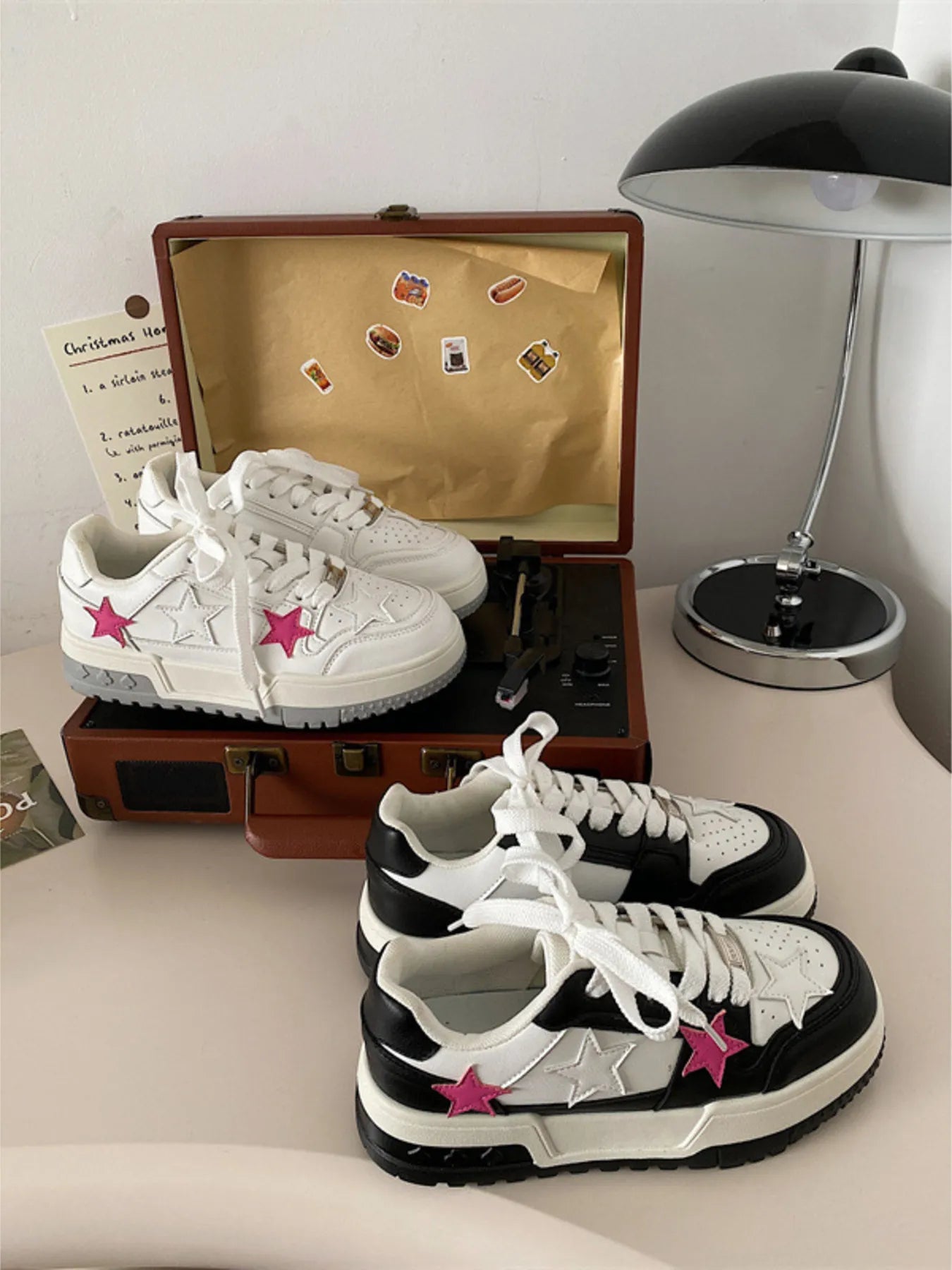 Star Print Lace-Up Sneakers -Vegan Leather Flat Shoes Secondary image
