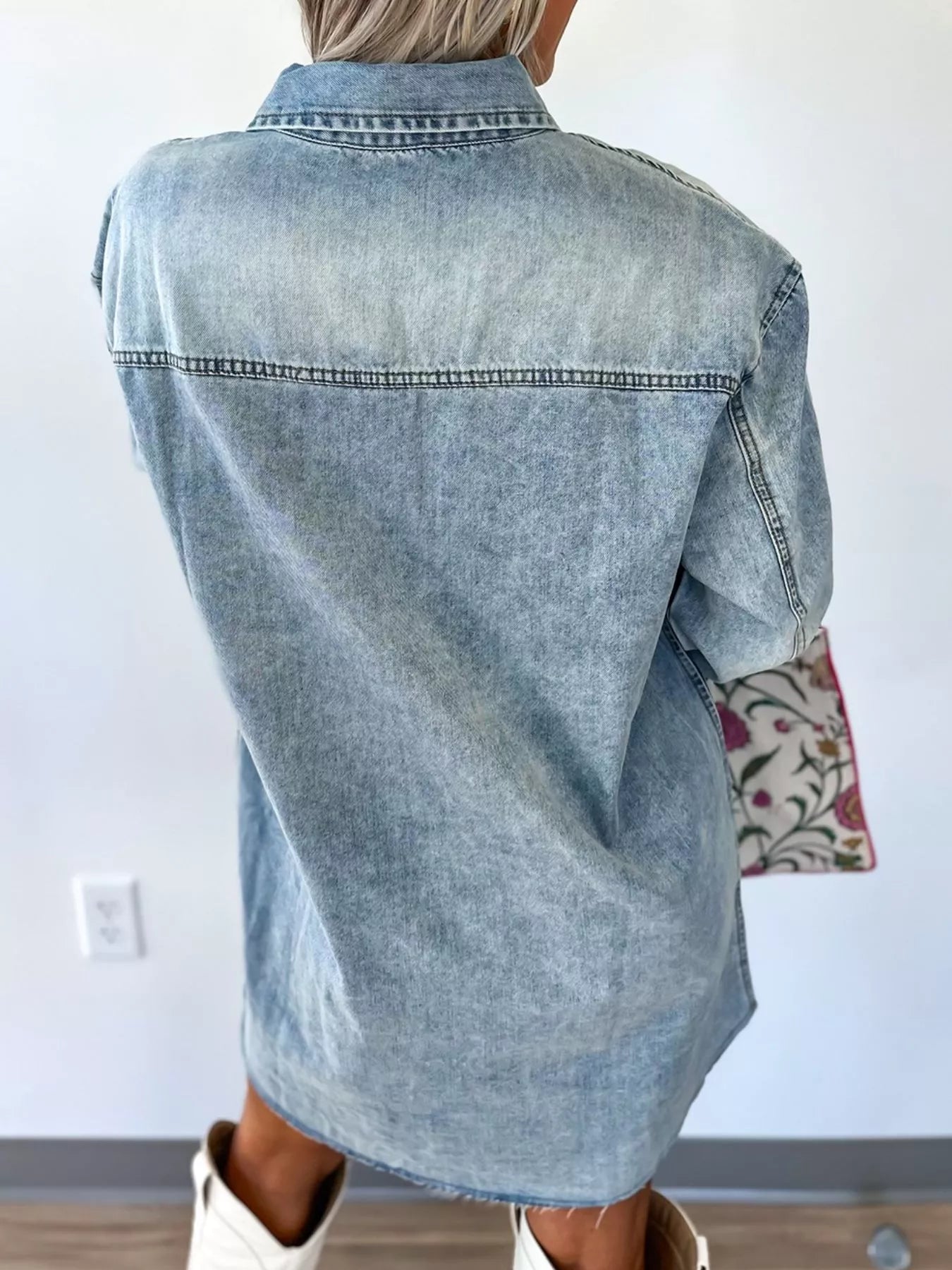 Chest Pocket Raw Hem Denim Loose Shirt Dress Secondary image