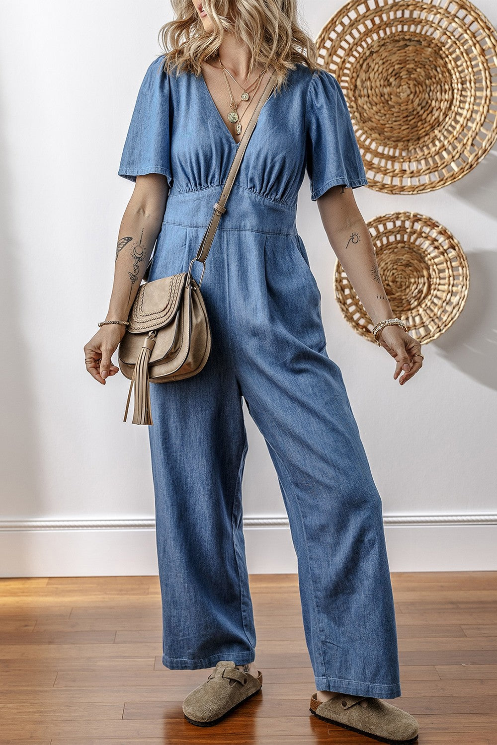 V Neck Short Sleeve Smocked Back Denim Jumpsuit Secondary image