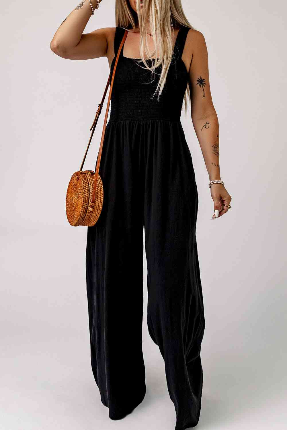 Smocked Square Neck Wide Leg Jumpsuit with Pockets Secondary image