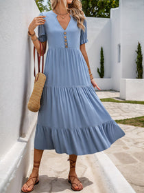 Decorative Button Notched Short Sleeve Midi Dress