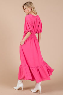 Smocked Elastic Waist Tie Neck Puff Sleeve Dress