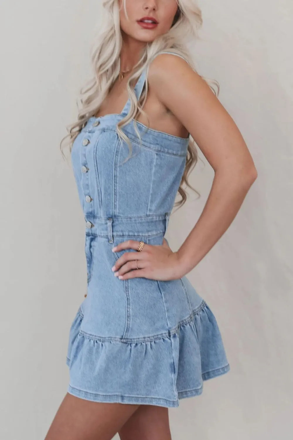 Square Neck Denim Dress with Ruffled Hem & Button Front Secondary image