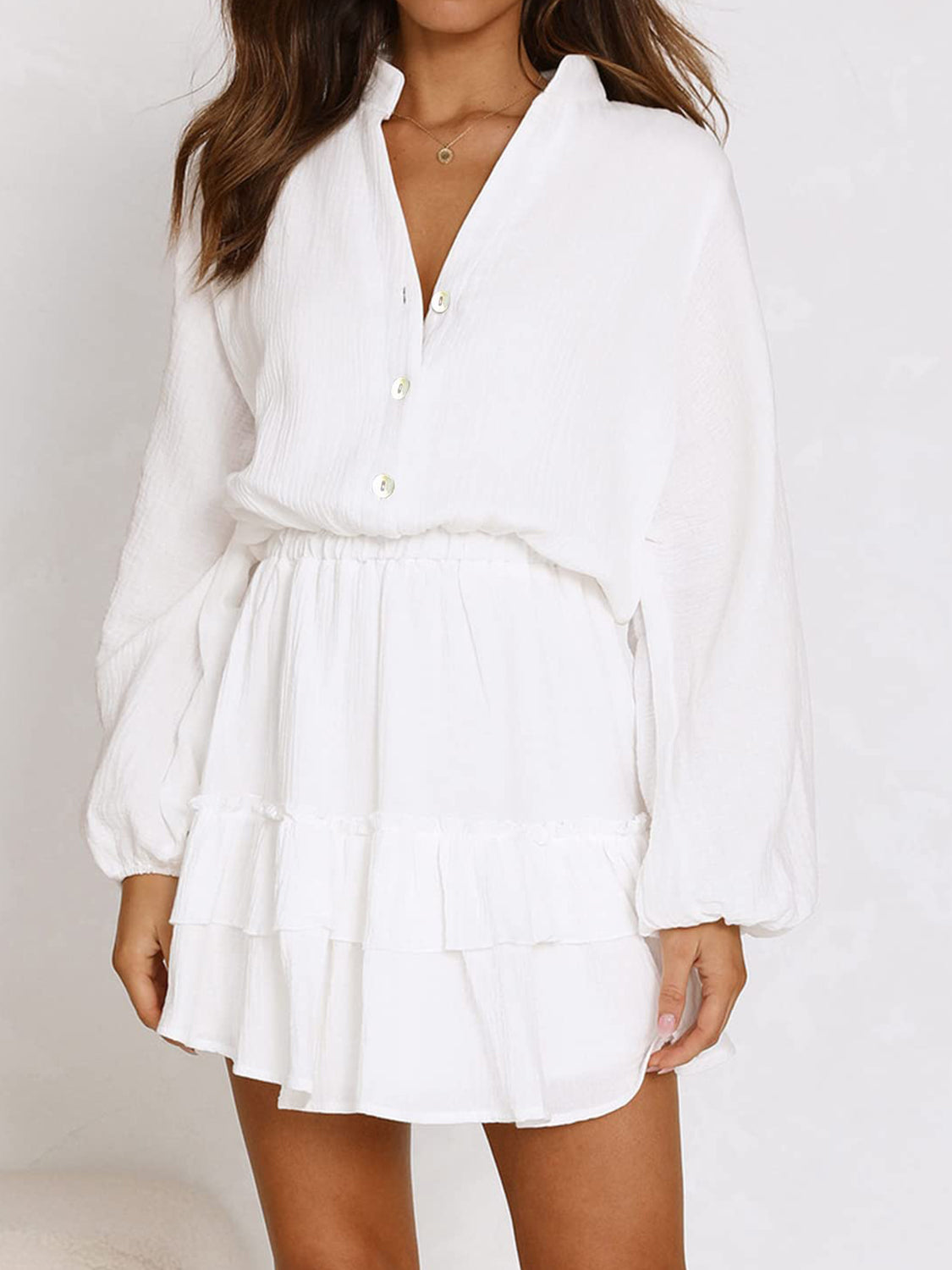 Ruffled Notched Balloon Sleeve Mini Dress Main image