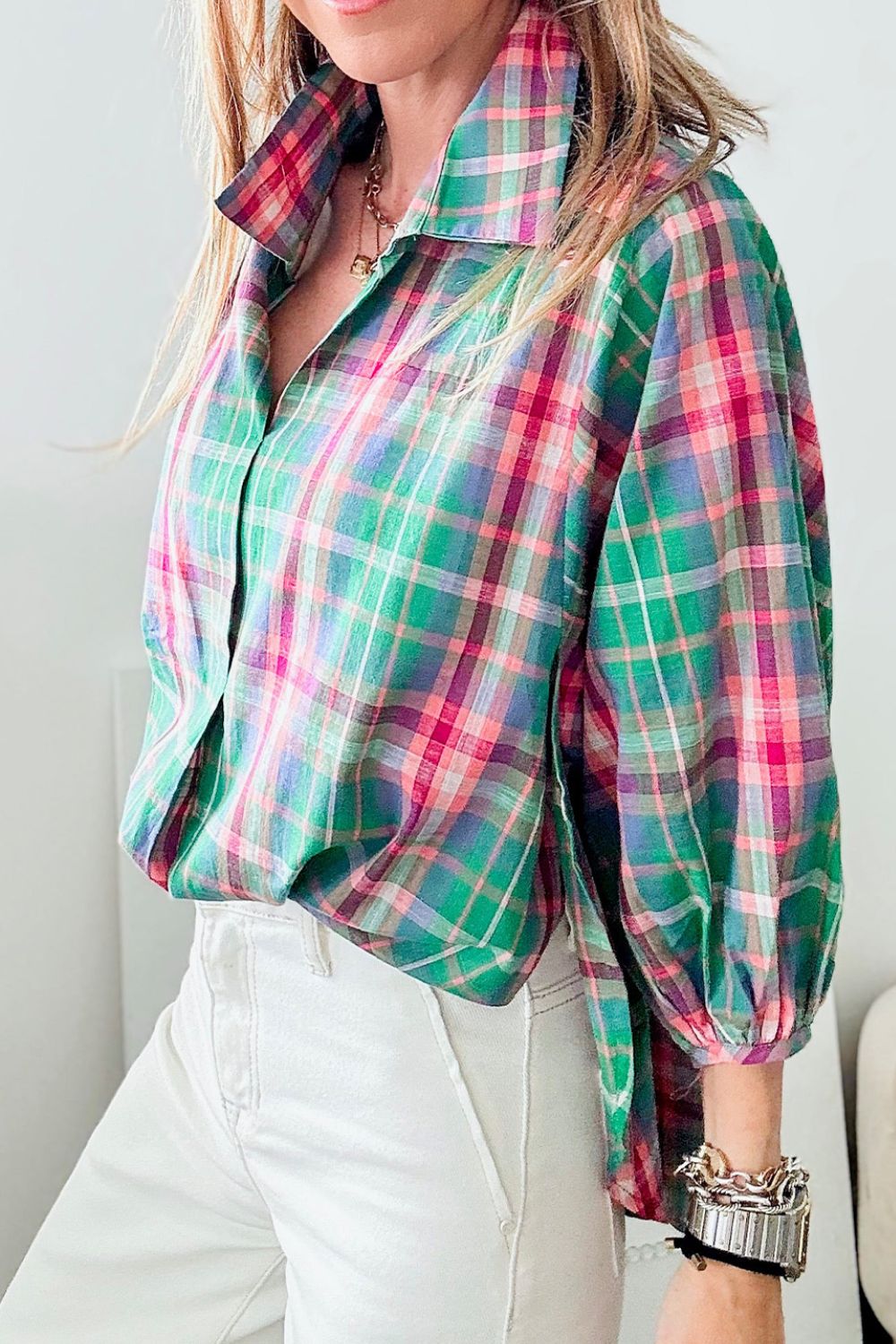 Plaid Collared Neck Three-Quarter Sleeve Shirt Secondary image