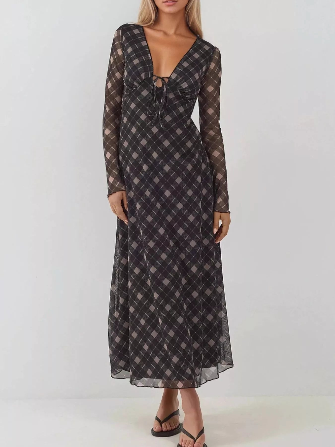Tie Front Plaid Long Sleeve Dress Secondary image