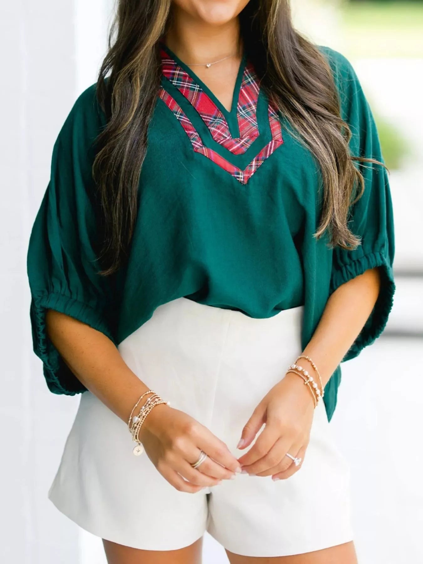 Plaid Trim Half Sleeve Blouse Secondary image