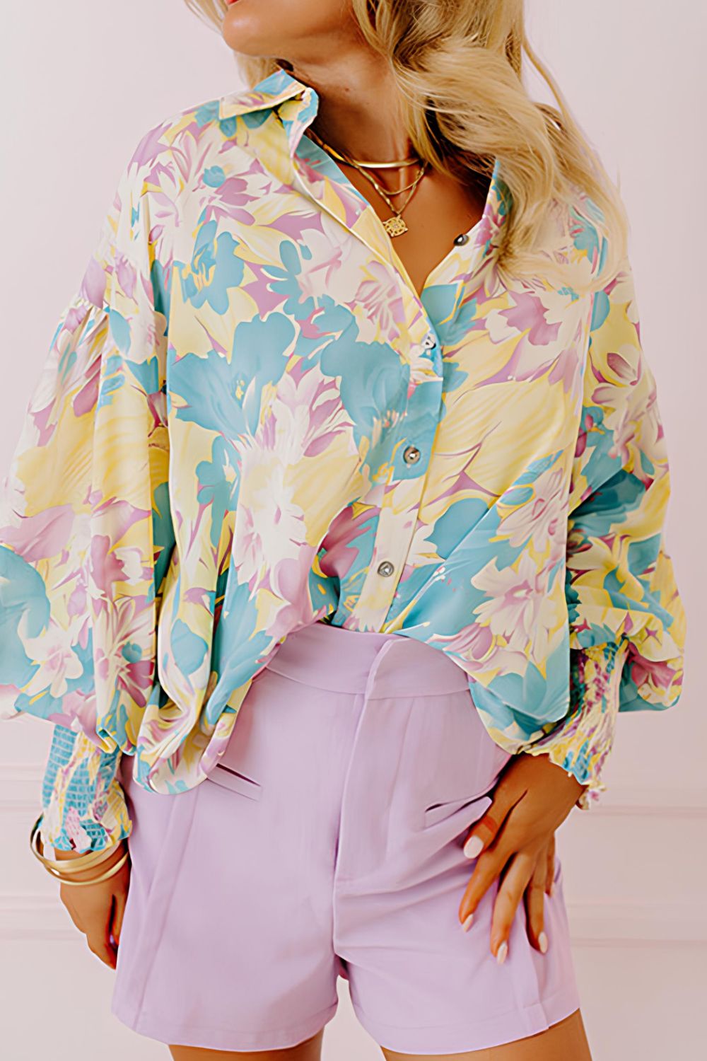 Printed Button Down Lantern Sleeve Shirt Main image