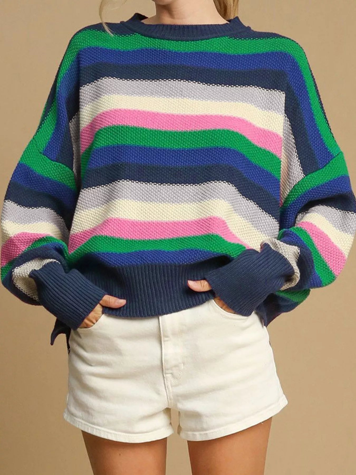 Rainbow Striped Crew Neck Drop Shoulder Sweater Secondary image