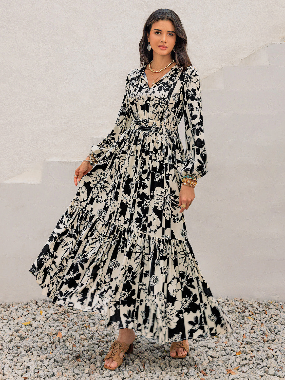 Smocked Printed Tie Neck Long Sleeve Dress Main image