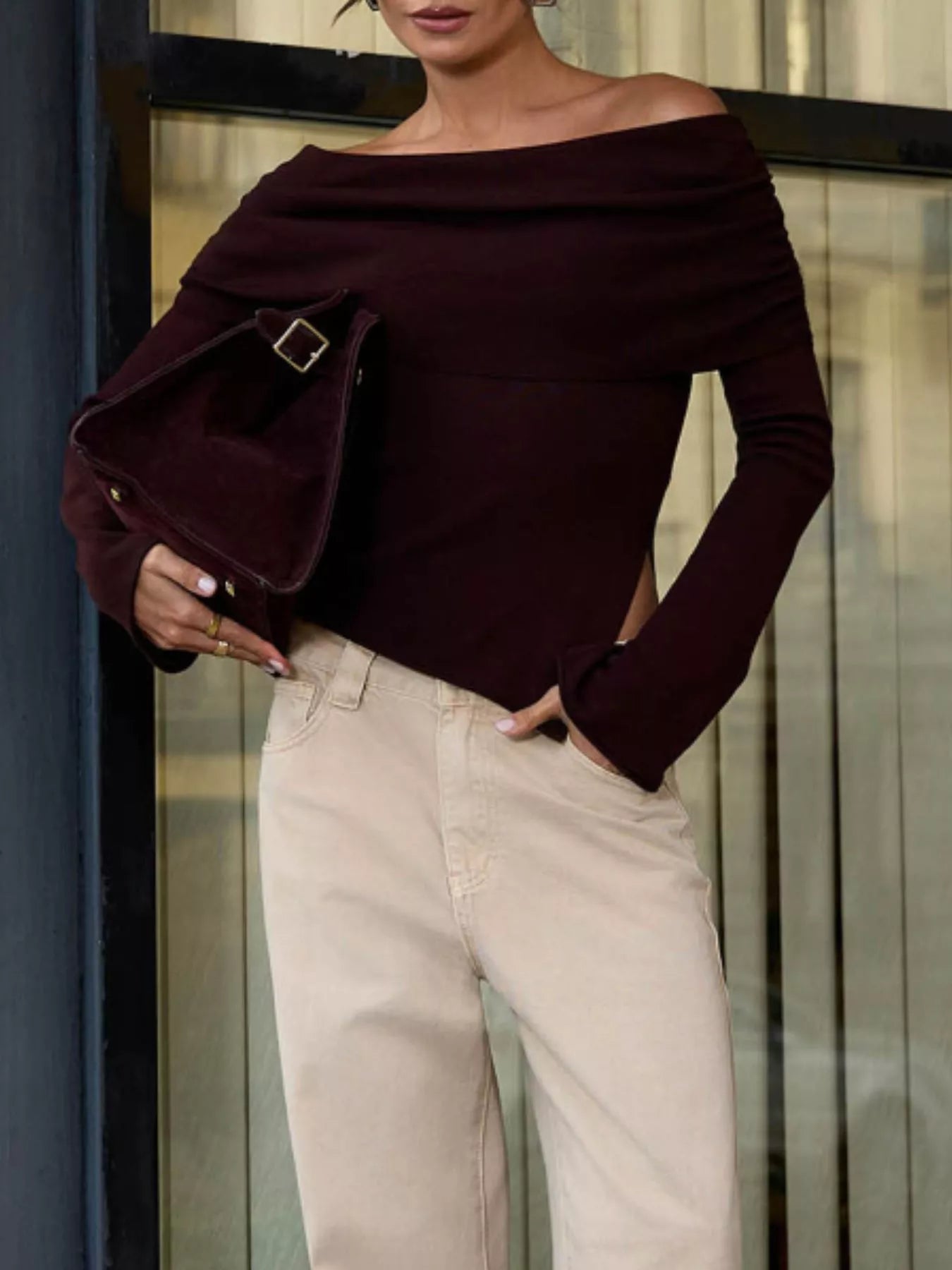 Off-Shoulder Long Sleeve Top with Asymmetrical Hem Secondary image