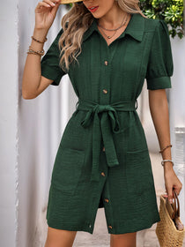 Tie Waist Button Down Short Sleeve Mini Dress