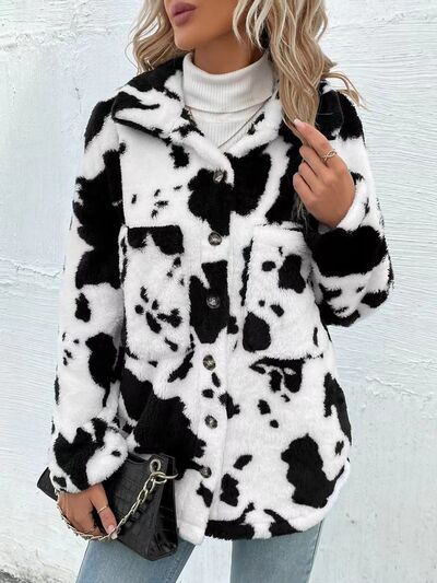 Cow Print Collared Neck Button Up Fuzzy Jacket Secondary image