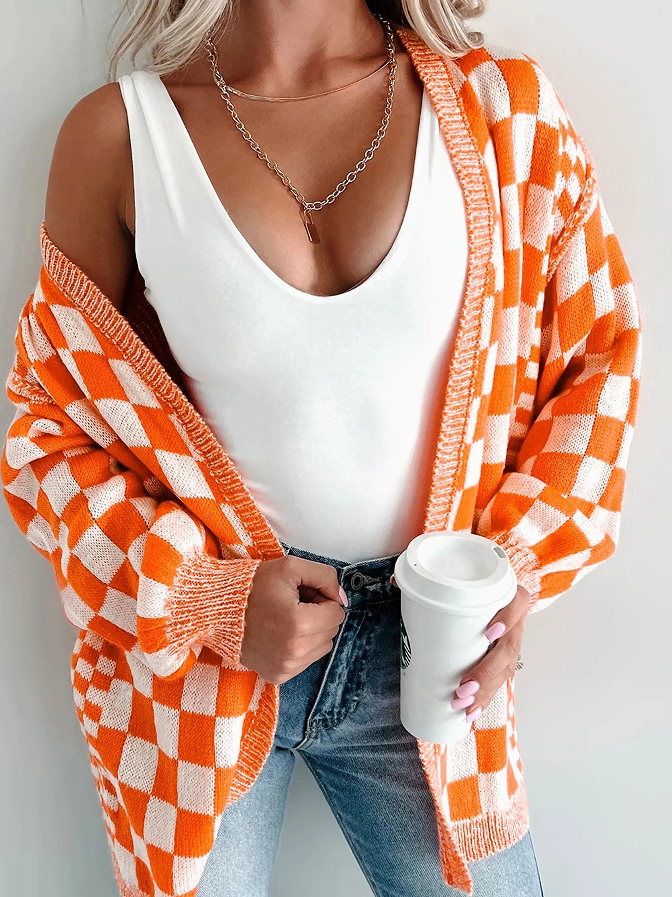 Checkered Pattern Open Front Cardigan Secondary image