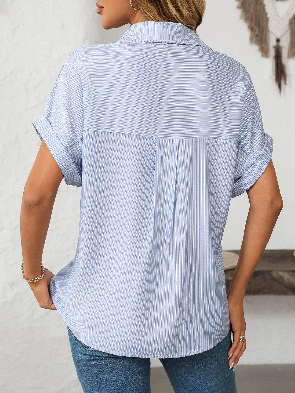 Pocketed Striped Collared Neck Short Sleeve Shirt Secondary image