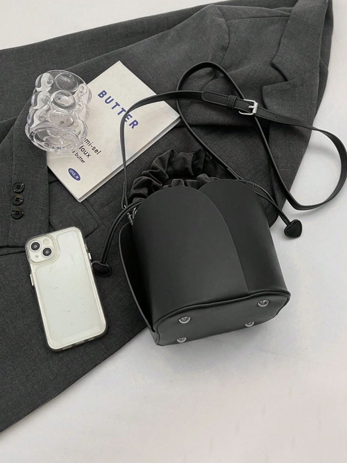 Vegan Leather Drawstring Bucket Bag Secondary image
