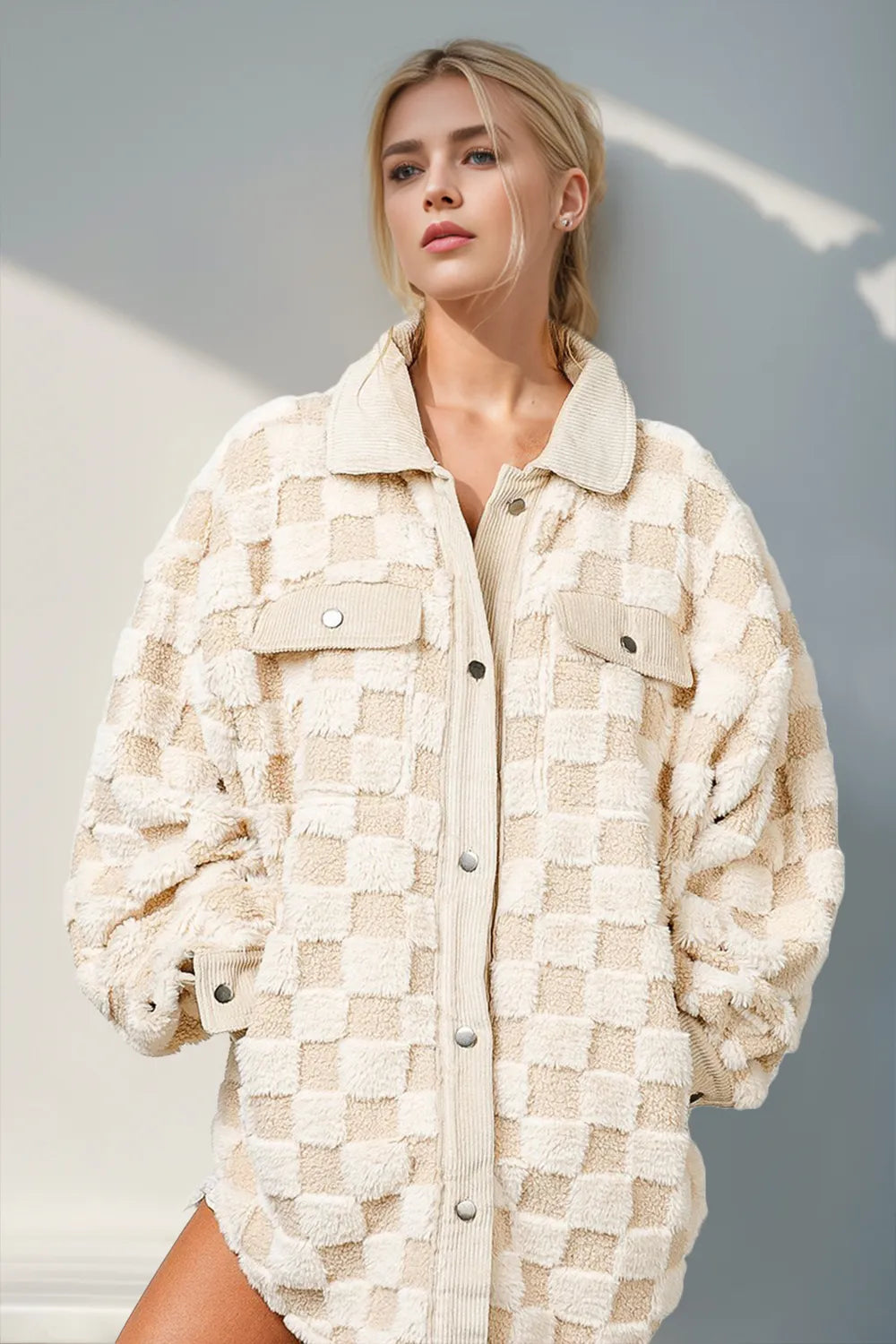 Checkered Shacket with Soft Fuzzy Fabric Secondary image