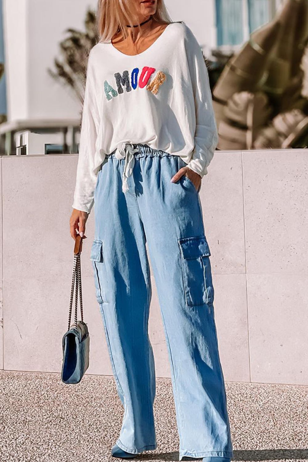 Drawstring Cargo Pocket Wide Leg Jeans Secondary image