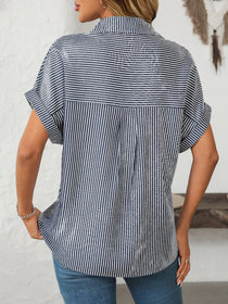 Pocketed Striped Collared Neck Short Sleeve Shirt