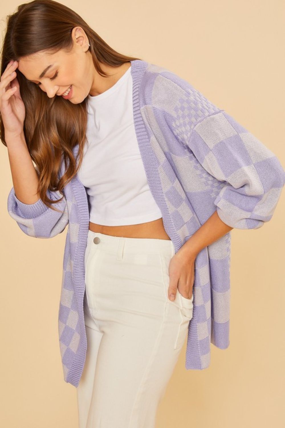 Checkered Open Front Drop Shoulder Cardigan Secondary image