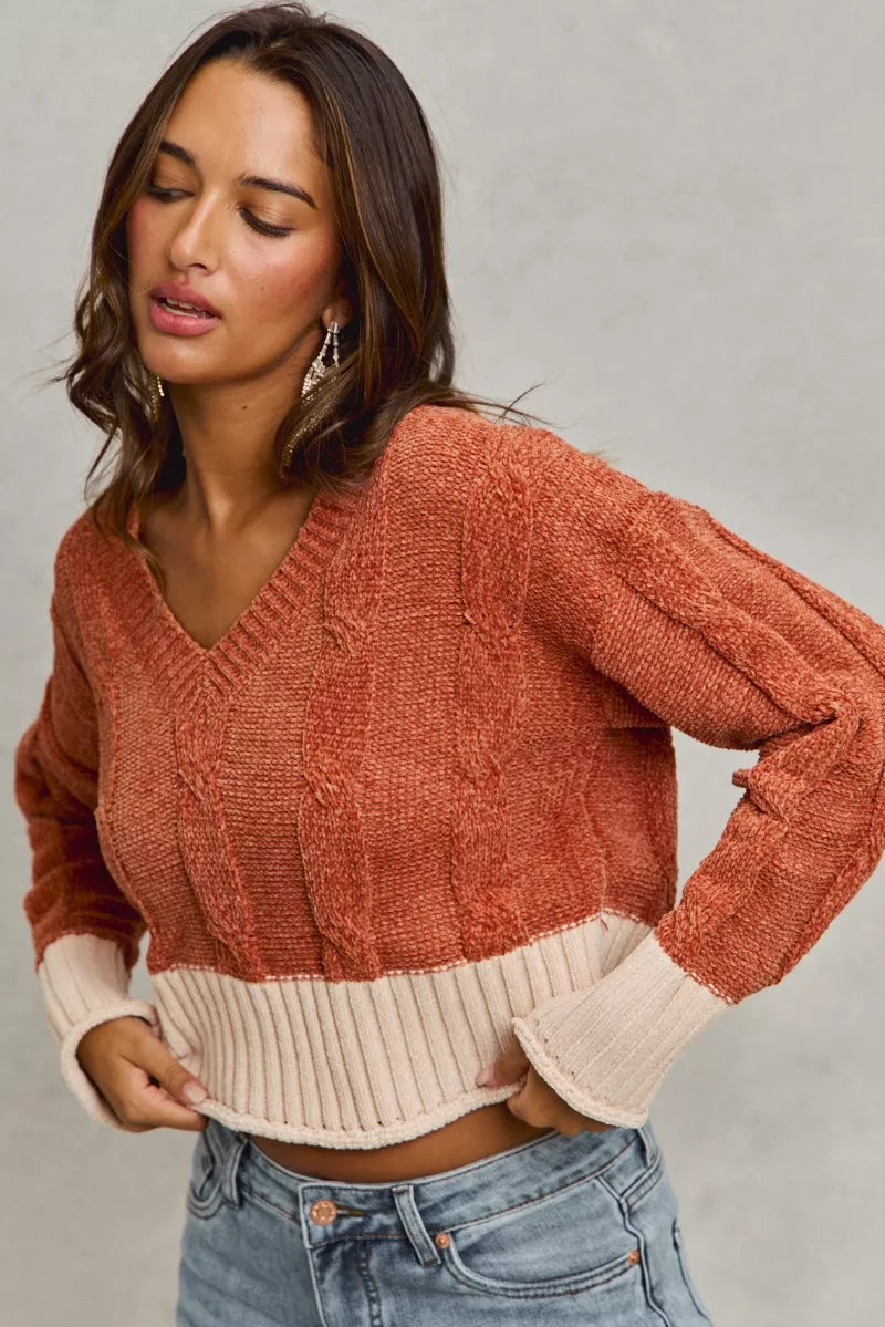 Chenille Cable Knit V Neck Contrast Cropped Sweater Secondary image